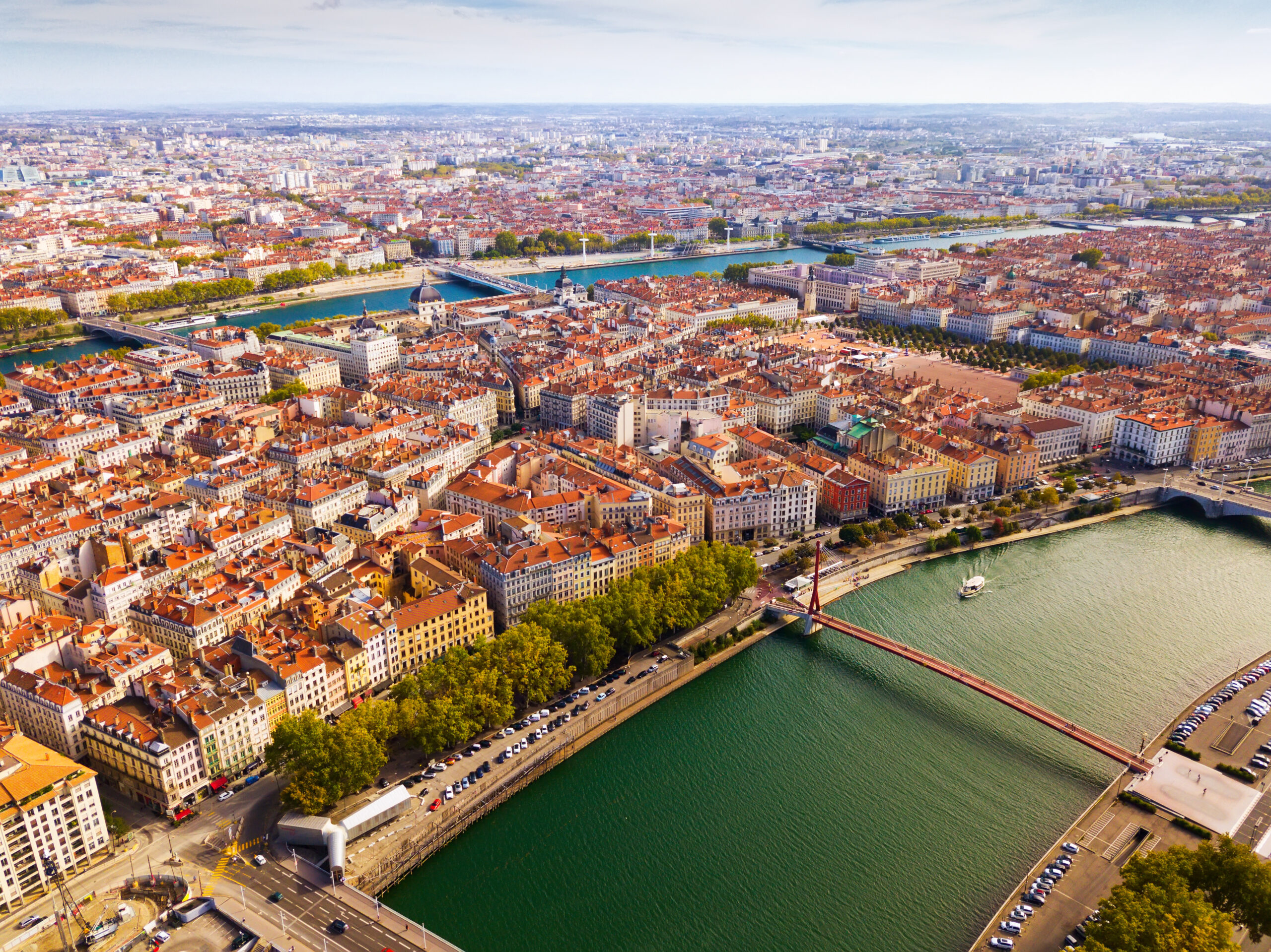 Aerial view of residential areas of third largest French city of Lyon on banks of Rhone and Saone rivers